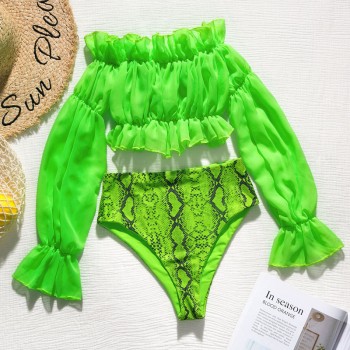 In-X Sexy neon green bikini set Mesh long sleeve swimsuit female High waist bikini 2020 Snake print swimwear Bathing suit women